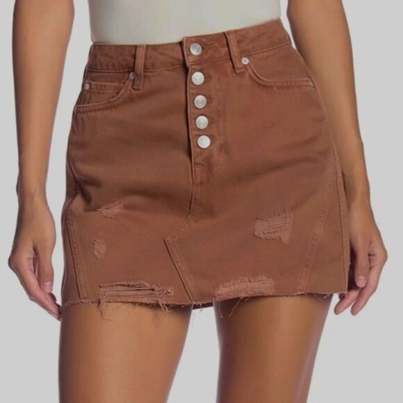Revolve Free People We The Free Button Front Brown Distressed Denim Skirt - Picture 1 of 11